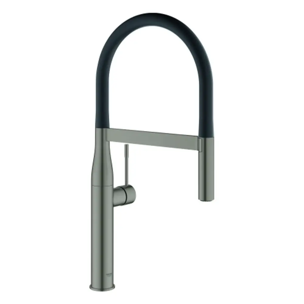 Grohe Spültischbatterie mit hoher, gebogener Auslaufform und einer handlichen Brause. Die Oberfläche ist in gebürstetem Graphit-Finish gehalten.