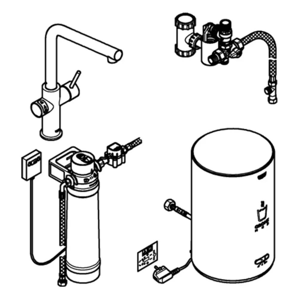 GROHE Armatur mit einarmigem Auslauf, verbunden mit einem Boiler. Anordnung der Komponenten auf einem technischen Schema ist sichtbar.