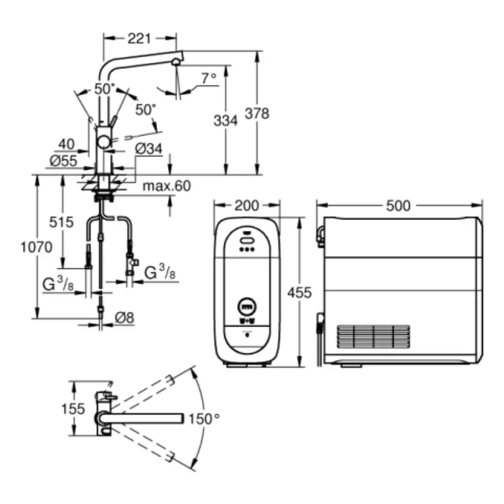 Technische Zeichnung eines Grohe Wasseraufbereitungsmoduls mit verschiedenen Ansichten und Maßangaben für Installation und Nutzung.