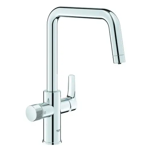 Wasserhahn mit einem hohen, geraden Auslauf und einem verchromten Finish. Er besitzt einen Bedienhebel und eine zusätzliche Einstellmöglichkeit, typischerweise von Grohe.
