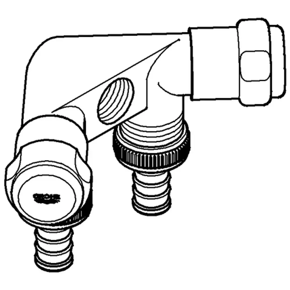 GROHE Ventil mit zwei Anschnitten, U-förmigem Design und Gewindeanschlüssen. Rückflussverhinderer integriert, geeignet für Installationen in Rohrsystemen.
