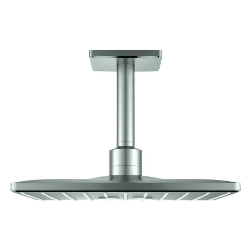 Edelstahl-Duschkopf von Grohe mit quadratischer Form und rillenartiger Struktur zur Wasserverteilung, montiert an einem vertikalen Stützrohr.