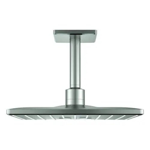 Edelstahl-Duschkopf von Grohe mit quadratischer Form und rillenartiger Struktur zur Wasserverteilung, montiert an einem vertikalen Stützrohr.