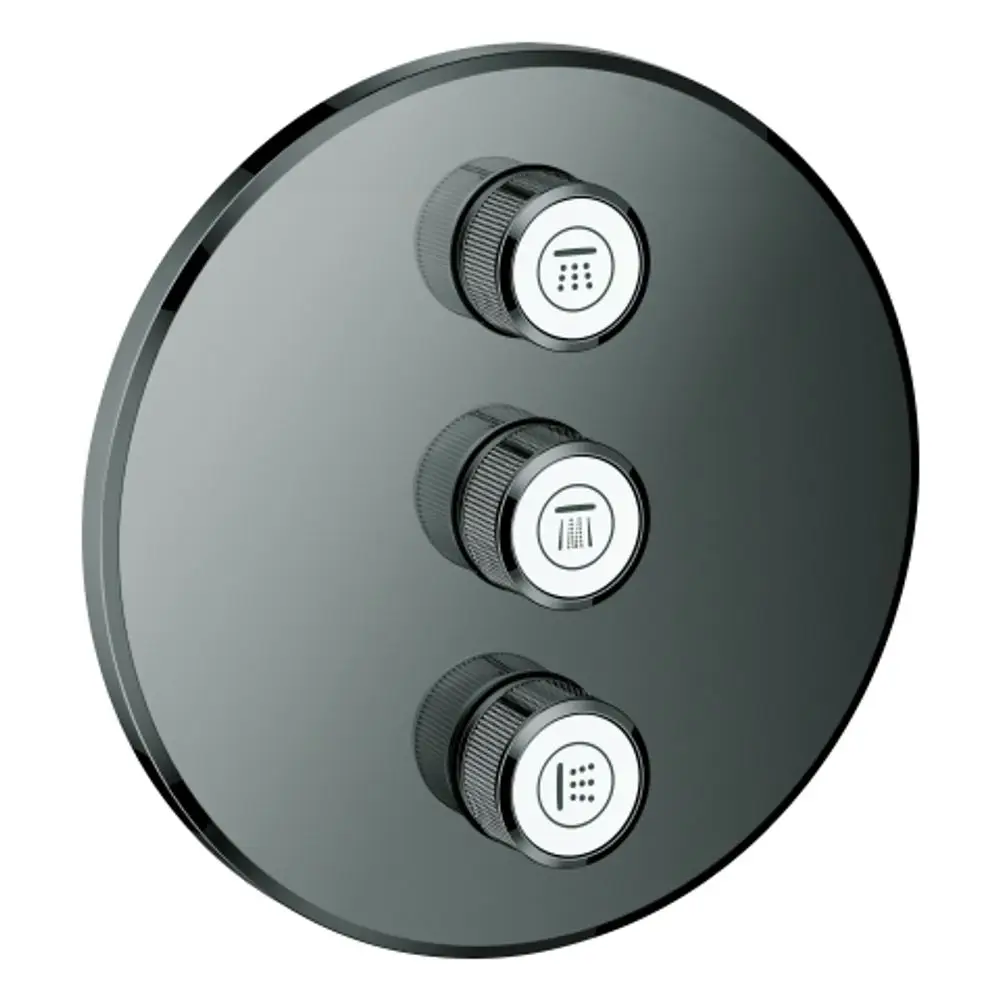 Drei runde Bedienelemente aus schwarzem Material mit symbolischen Grafiken, montiert auf einer runden Platte. Gehört zur Grohe Produktlinie für Wassersteuerung.