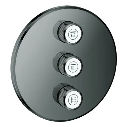 Drei runde Bedienelemente aus schwarzem Material mit symbolischen Grafiken, montiert auf einer runden Platte. Gehört zur Grohe Produktlinie für Wassersteuerung.