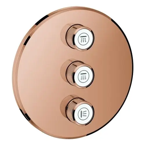 Drei Drehknöpfe auf einer runden, roséfarbenen Platte für die Steuerung einer Grohe-Installation. Symbole auf den Knöpfen zeigen verschiedene Funktionen an.