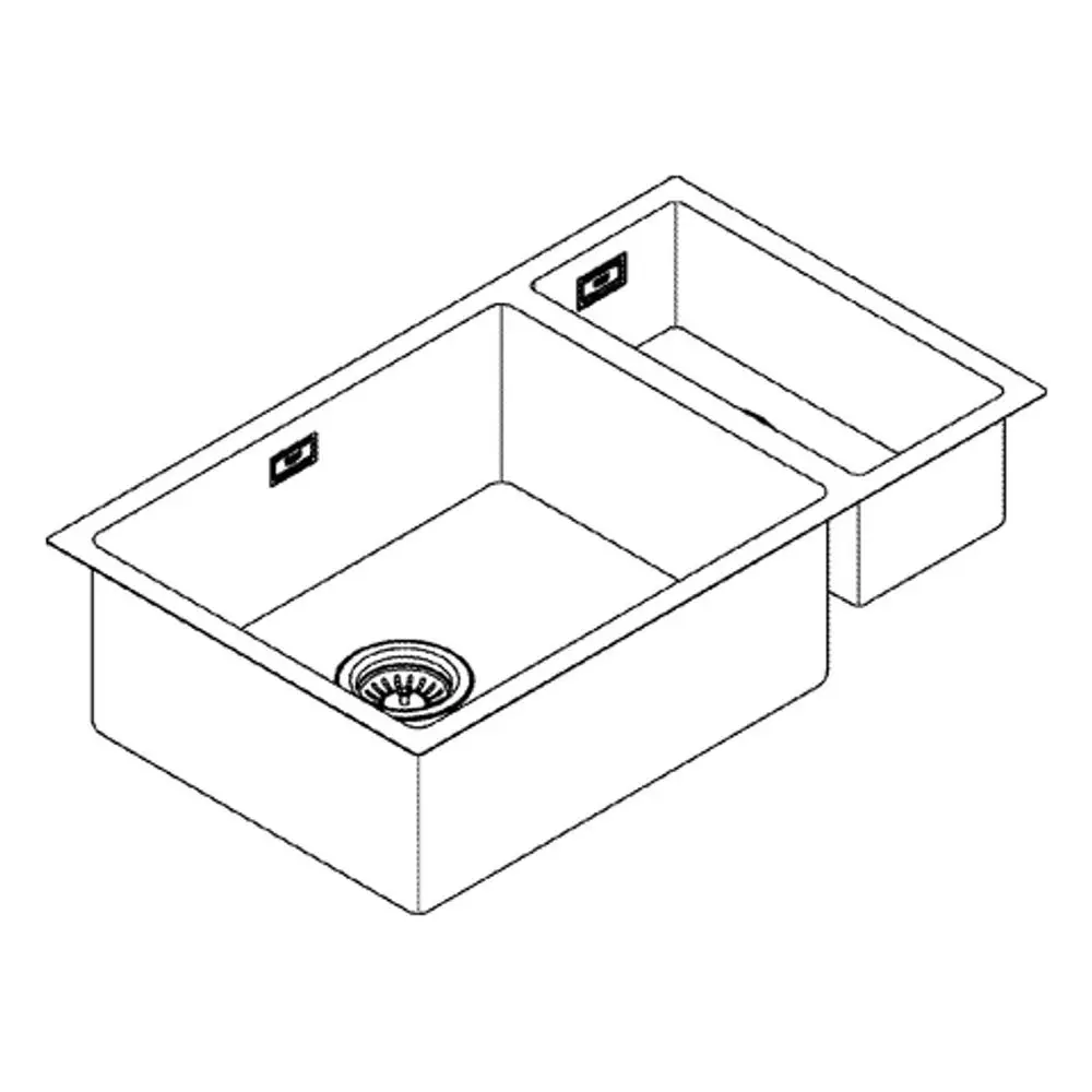 Edelstahlspüle von Grohe mit zwei Becken und Abfluss, geeignet für den Unterbau. Die Spüle hat eine klare, funktionale Form ohne erkennbare Maße.