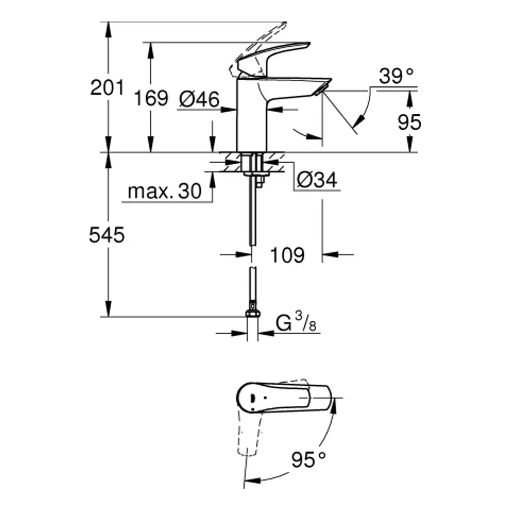 Grohe-Waschtischarmatur in chrom, mit verstellbarem Hebel. Technische Zeichnung zeigt Maße und Anschluss für Wasseranschluss.