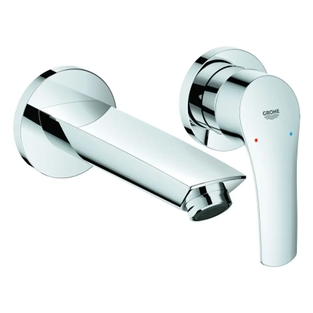 Wandbatterie in Chrom, bestehend aus einem Auslauf und einem Hebel für die Temperaturregelung, Marke Grohe.