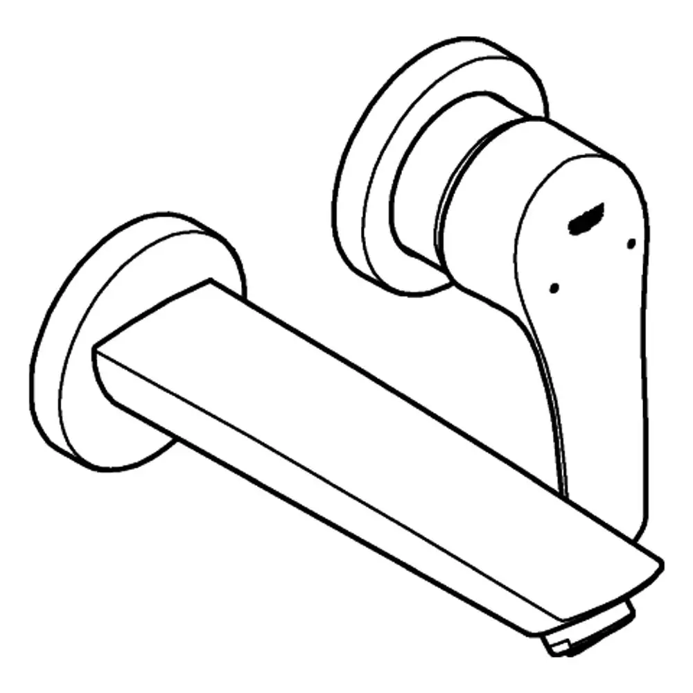Wandbatterie mit zwei Anschlüssen von Grohe, konzipiert für Wandmontage. Das Design zeigt einen schlichten Wasserhahn mit einem austretenden Strahl.