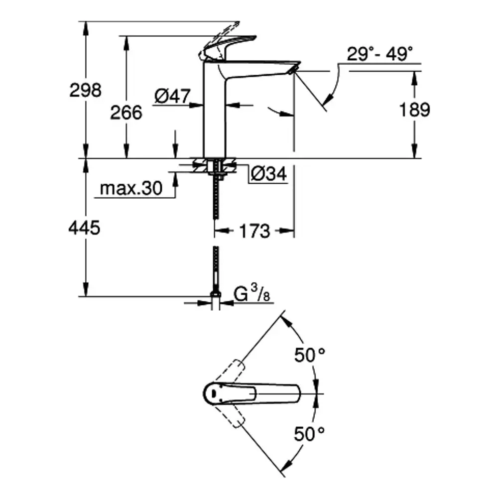 Technische Zeichnung einer Grohe-Waschtischarmatur mit verschiedenen Maßen und Verwendungsmöglichkeiten, inkl. Montageanleitung und beweglichem Auslauf.