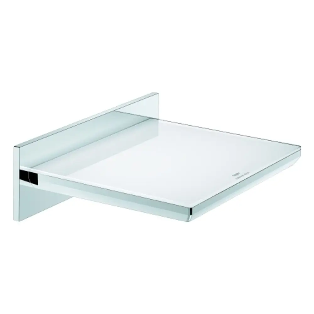 Wandmontierter, flacher Glasablage von Grohe mit glänzender Metallhalterung. Die Ablage hat eine rechteckige Form und eine klare, glatte Oberfläche.
