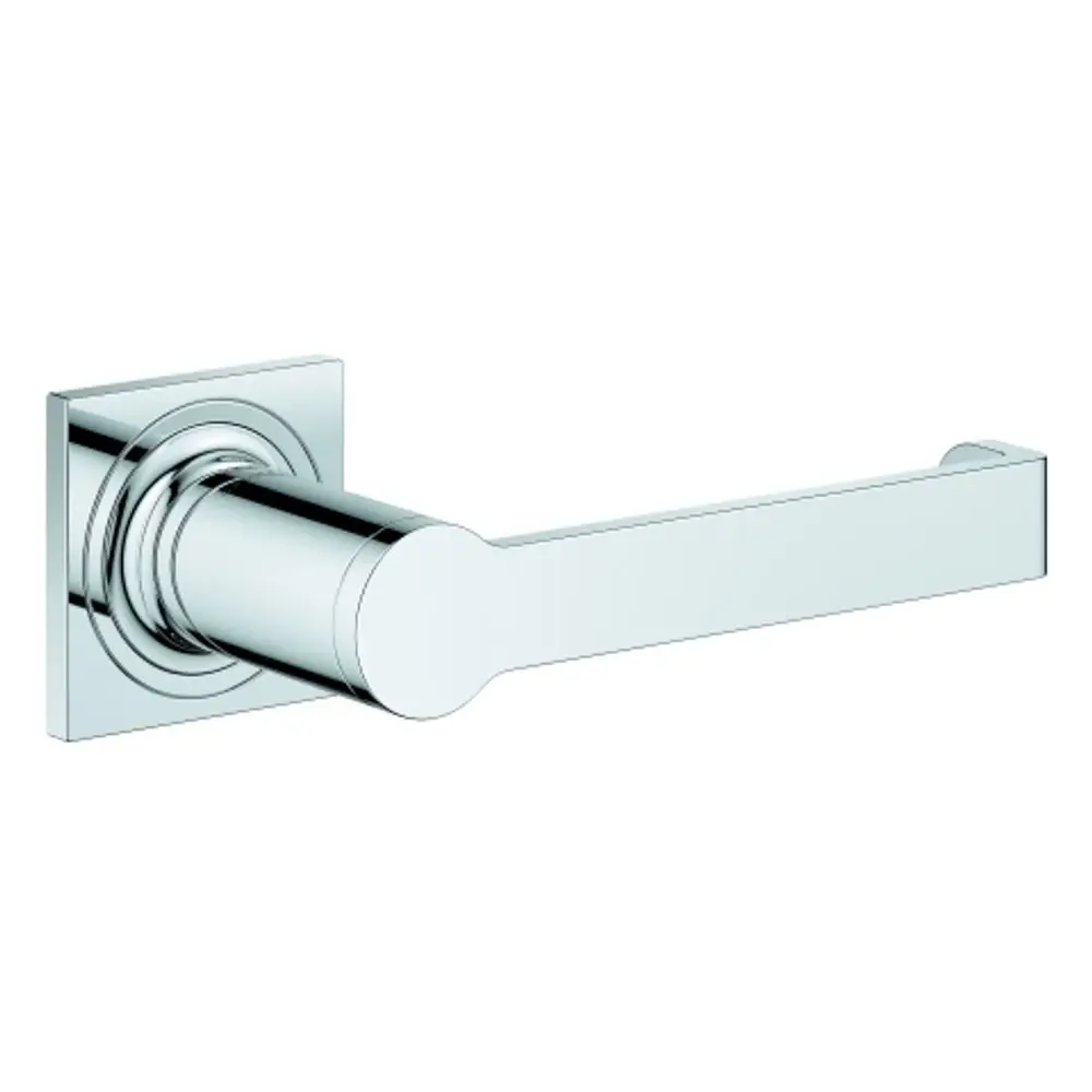 Chromfarbener WC-Papierhalter von Grohe mit rechteckiger Basis und einer geraden Halterung. Designed ohne Deckel für eine moderne Optik.