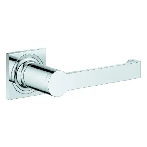Chromfarbener WC-Papierhalter von Grohe mit rechteckiger Basis und einer geraden Halterung. Designed ohne Deckel für eine moderne Optik.