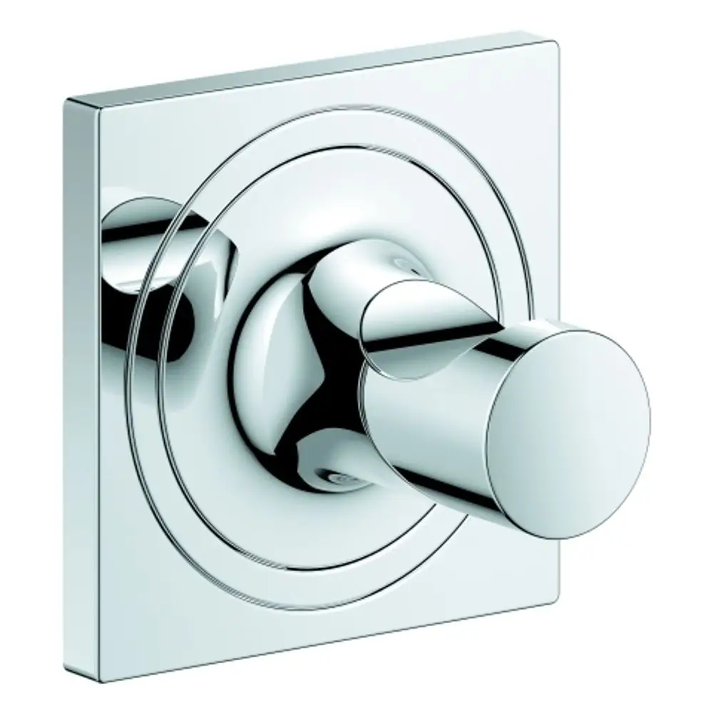 Chromfarbener Wandschalter mit runder Griffoberfläche, montiert auf quadratischem Untergrund, eignet sich für Badezimmeranwendungen. Produkt von Grohe.