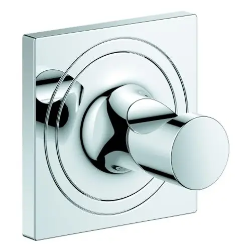 Chromfarbener Wandschalter mit runder Griffoberfläche, montiert auf quadratischem Untergrund, eignet sich für Badezimmeranwendungen. Produkt von Grohe.