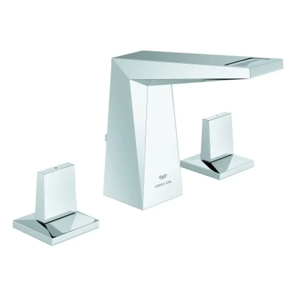 Grohe 3-Loch-Waschtischarmatur mit flachem Auslauf in chromfarbenem Finish. Zwei separate Bedienhebel für Temperatur und Wassermenge.