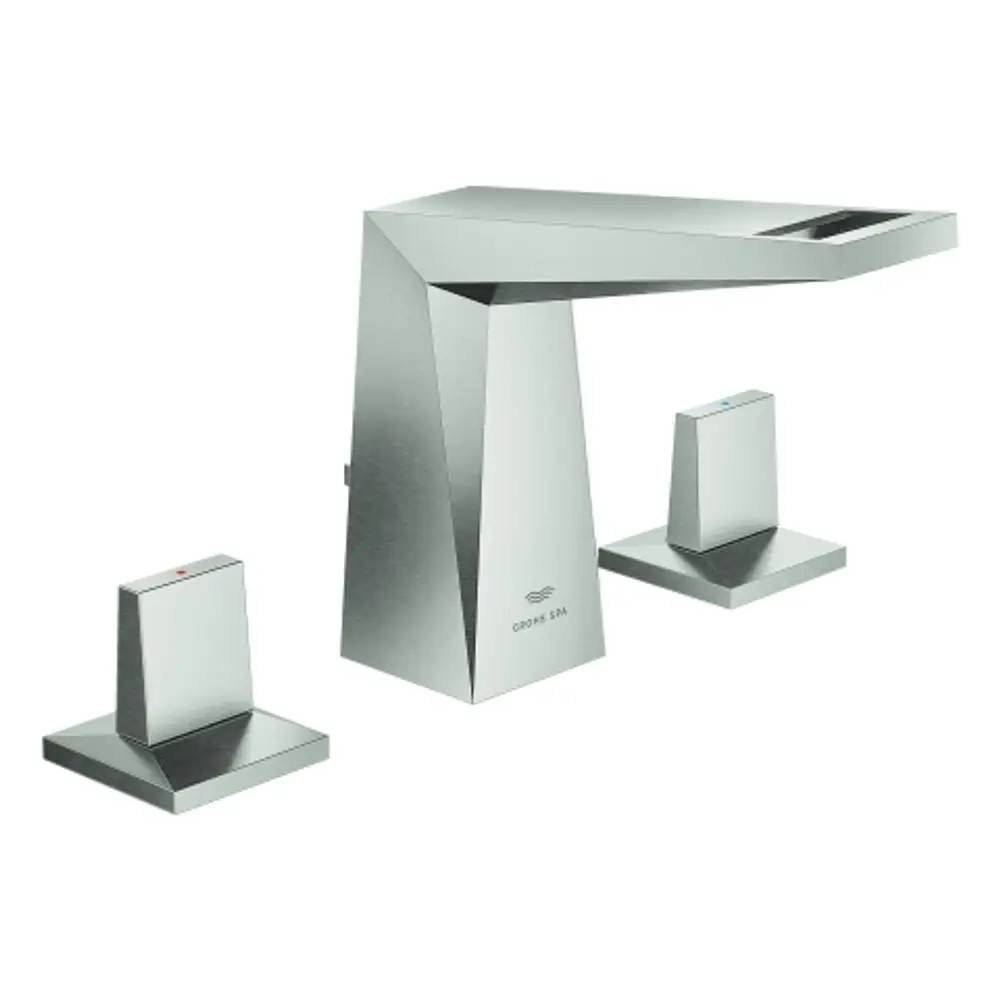 Grohe-Armatur mit flachem Auslauf und zwei seitlichen Hebeln für Warm- und Kaltwasser. Die Oberfläche ist in einem satinierter Metalllook gehalten.