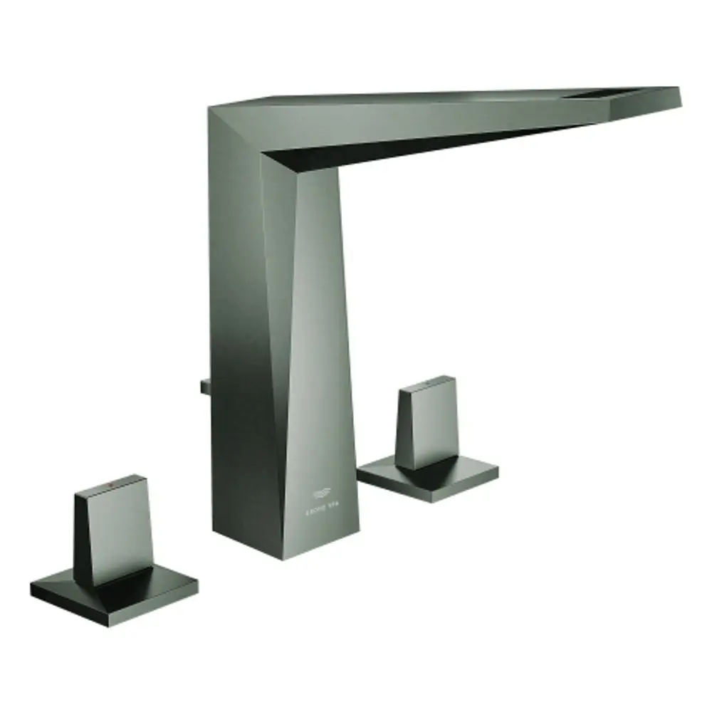 GROHE-Armatur mit einem hohen, eckigen Auslauf und zwei separaten Bedienhebeln in hartem Graphit für eine moderne Badezimmergestaltung.