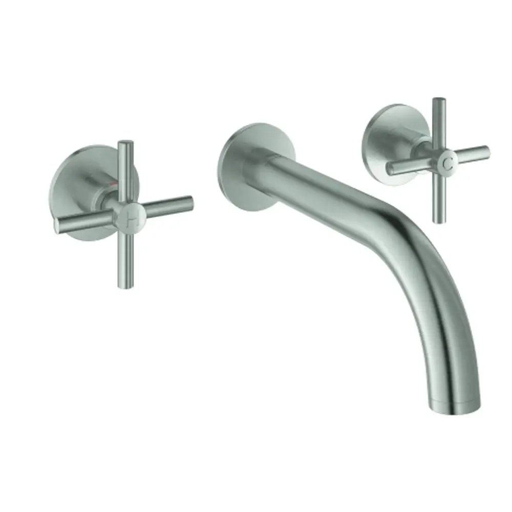 Wandmontierte Grohe-Armatur mit zwei Kreuzgriffen zur Temperatur- und Mengeneinstellung und einem gebogenen Auslauf in Edelstahloptik.