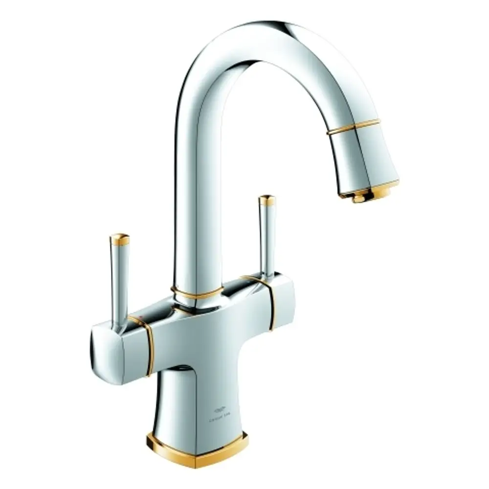 Grohe-Wasserhahn mit zwei Griffen und schwenkbarem Auslauf, in chrom und gold. Modernes Design für Waschbecken oder Spüle.