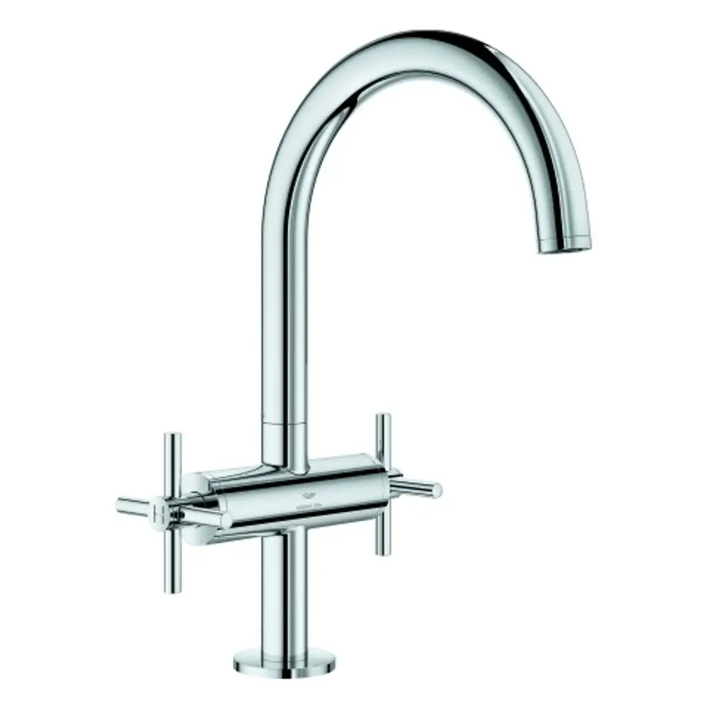 Kreuzgriff-Waschtischarmatur von Grohe in verchromtem Finish. Gebogener Auslauf und zwei Bedienhebel sind deutlich sichtbar.