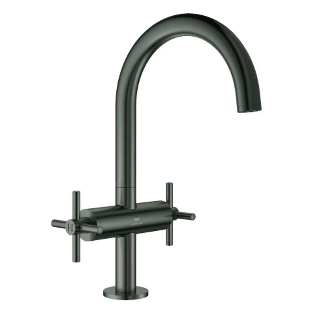 GROHE Armatur in mattschwarz mit hohem, gebogenem Auslauf und zwei Kreuzgriffen für Warm- und Kaltwasser.
