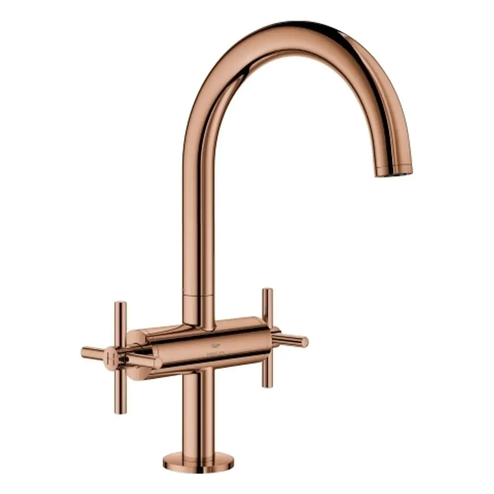 Einzelne grohe Armatur mit einem hohen, gebogenen Auslauf und zwei Kreuzgriffen in einer warmen Kupferfarbe.