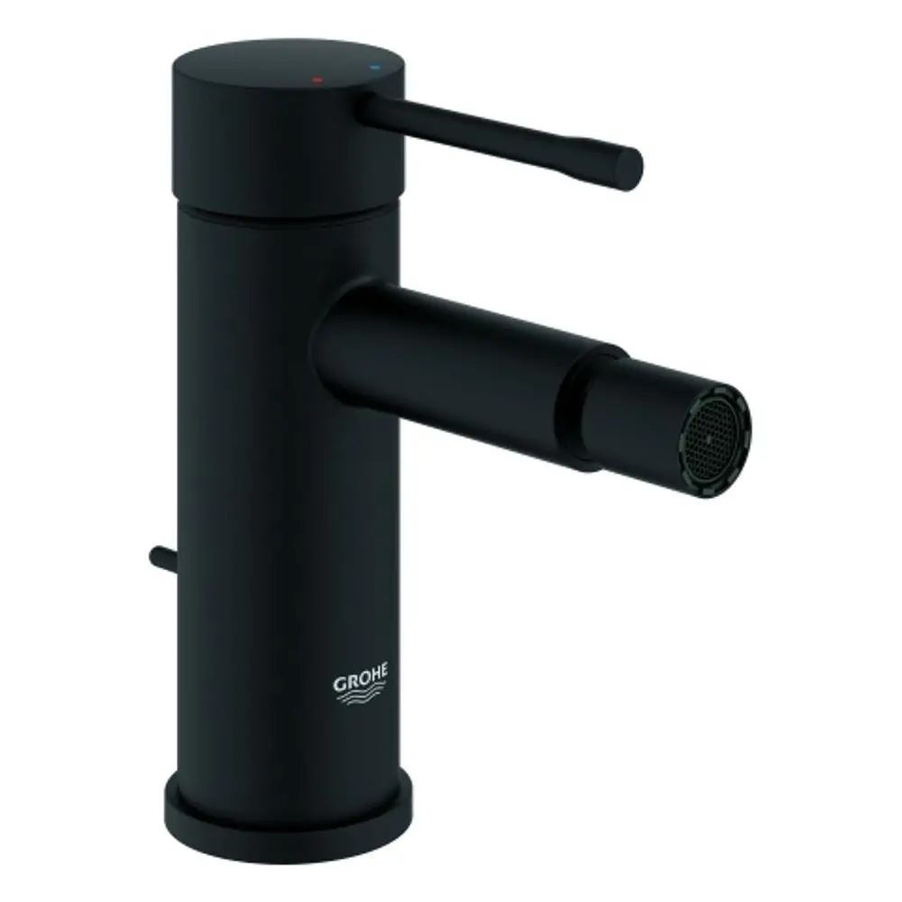 Schwarze Bidetarmatur von Grohe mit einem glatten Körper und einem Hebel zur Temperatur- und Durchflussregelung, ausgestattet mit einem schwenkbaren Auslauf.