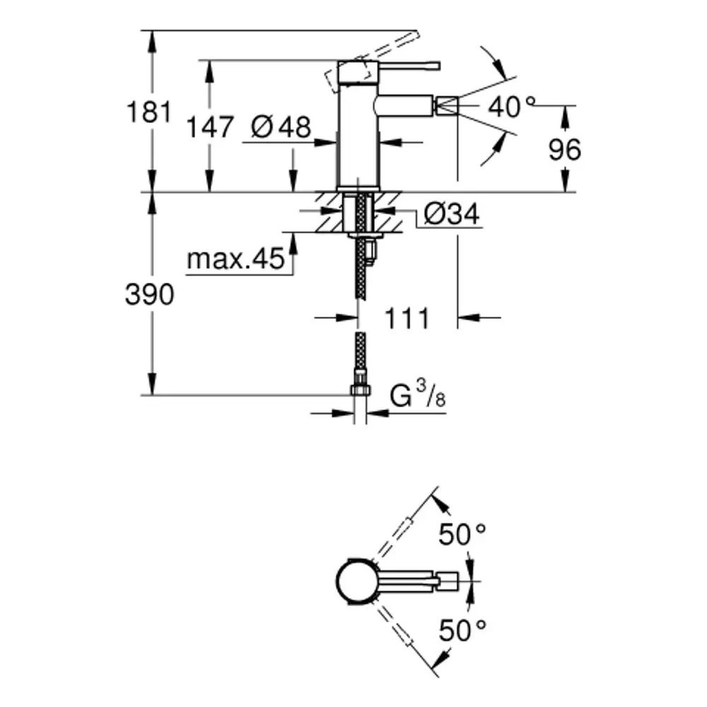 GROHE Bidetbatterie mit einem glatten Körper in schwarz, abgebildet in einer technischen Zeichnung, die Maße und Anschlussdetails zeigt.