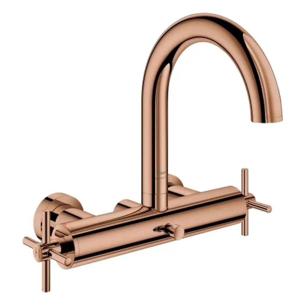 Wannenarmatur von Grohe mit zwei Kreuzgriffen zur Wandmontage in einem warmen Kupferton und gebogenem Auslauf.