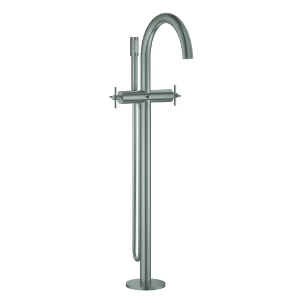 Grohe Armatur in supersteel Finish, stehend montiert, mit zwei Kreuzgriffen und schwenkbarem Auslauf, für Badewanne oder Dusche.