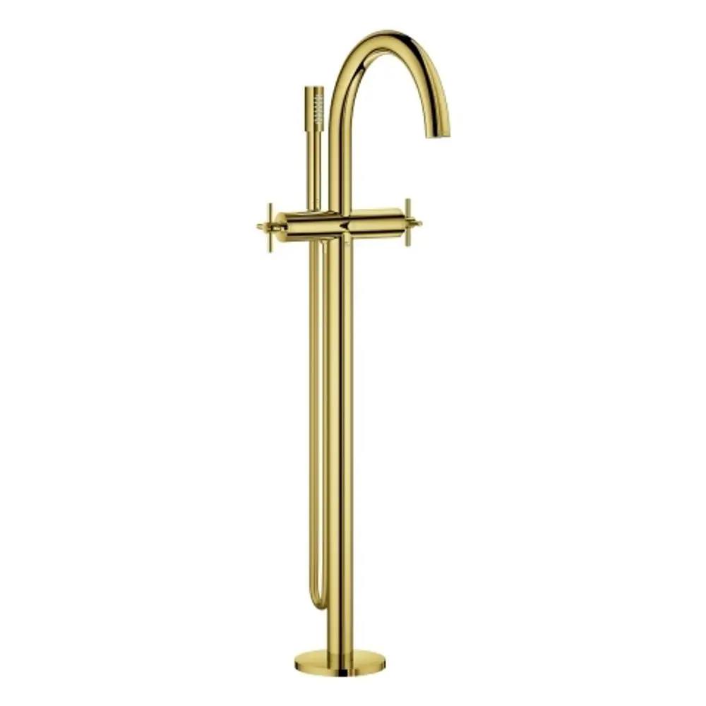 GROHE-Wannenbatterie in glänzendem Gold mit zwei Griffen und einem hohen, gebogenem Auslauf. Bodenmontage und integrierter Handbrauseanschluss.