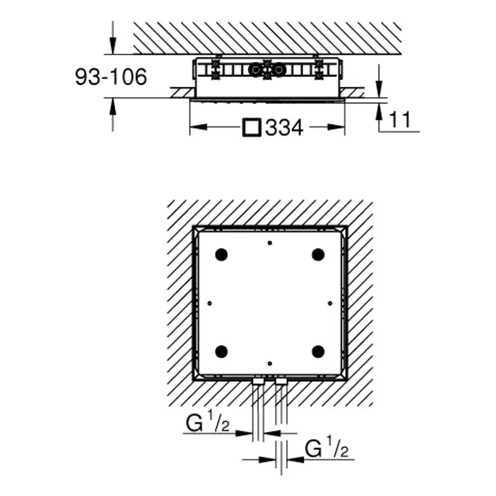 Grohe Deckenbrause in rechteckiger Form mit zwei Strahlarten. Montageskizze zeigt die Abmessungen und Anschlüsse.