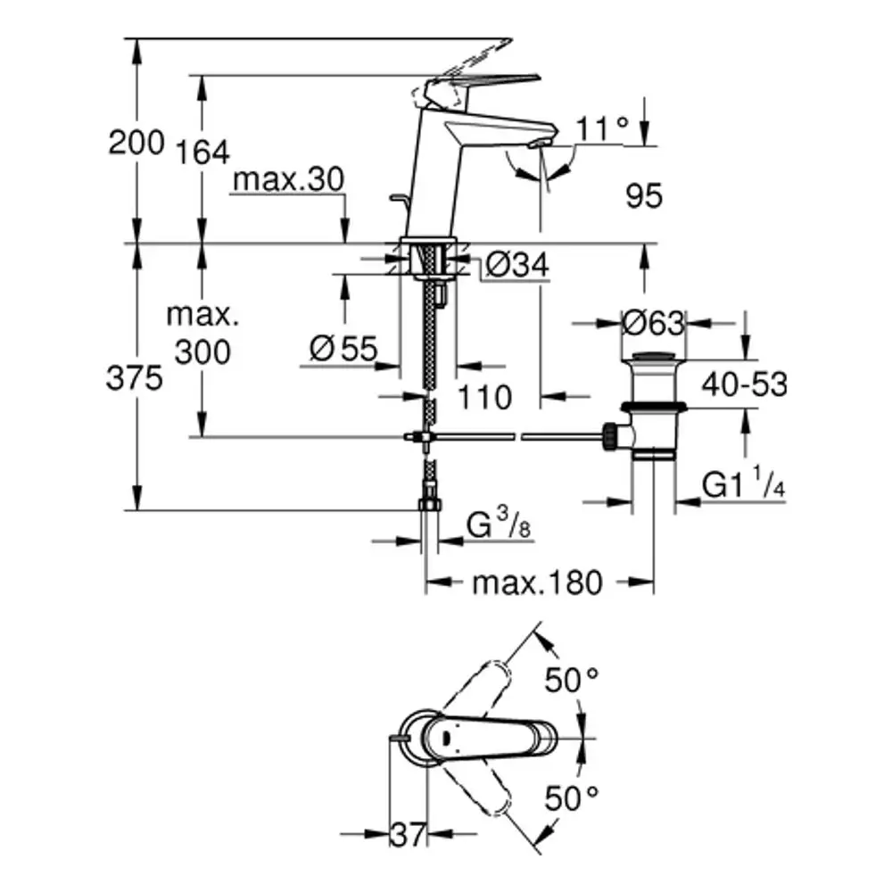 Grohe Wasserhahn mit ergonomischem Hebel, abnehmbarer Zugstange. Diagramm zeigt Maße und Anschlussdetails für die Installation.