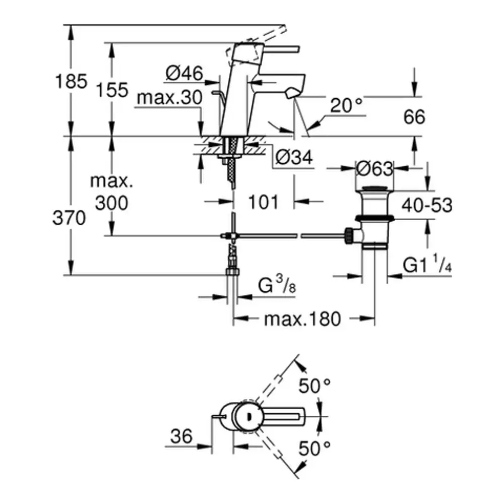 GROHE Armatur mit den Abmessungen für die Montage und anschlussfertigen Elementen, einschließlich eines Zugst.-Ablaufgarniturs im technischen Zeichnungsformat dargestellt.