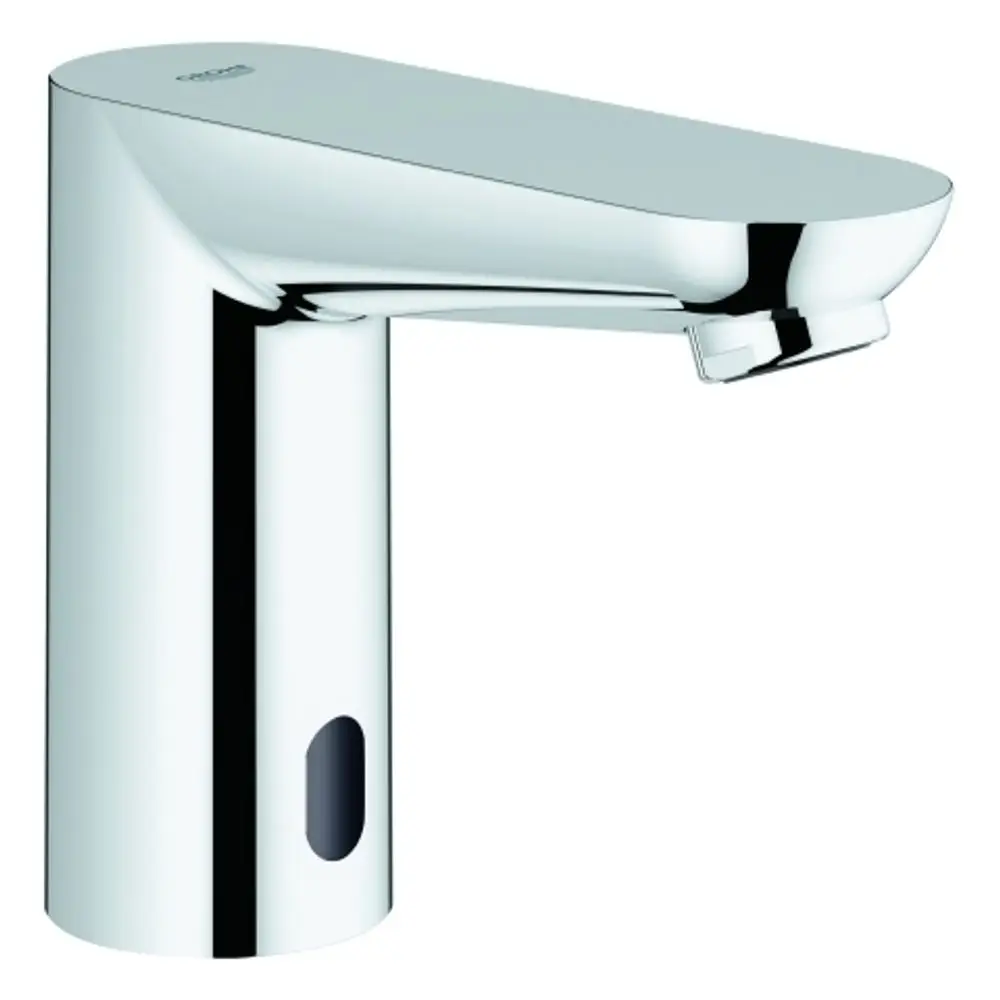 GROHE-Waschtischarmatur mit elektronischer Steuerung, glänzender Oberfläche und Sensor für berührungsloses Wasserlassen in einem modernen Design.