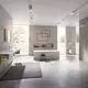 Helle, moderne Badezimmeransicht mit großen Fenstern, flacher Badewanne, Doppelm Waschbecken und Grohe Armaturen an der Wand. Graue Fliesen und minimalistisches Design.