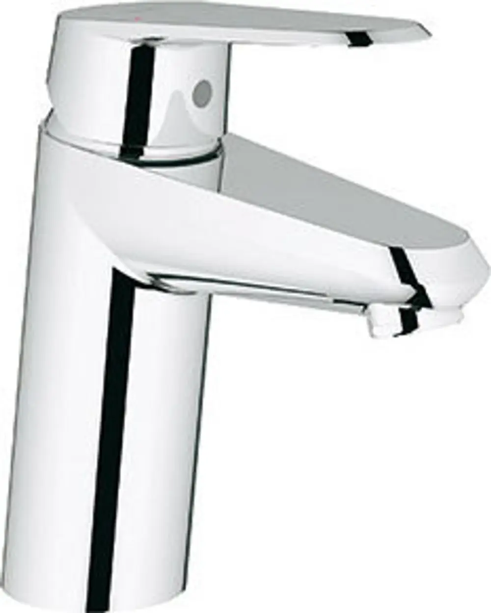 Grohe Wasserhahn mit vertikalem, glänzendem Rohr und seitlichem Hebel zur Einstellung von Wasserfluss und -temperatur, in chromfarbener Ausführung.