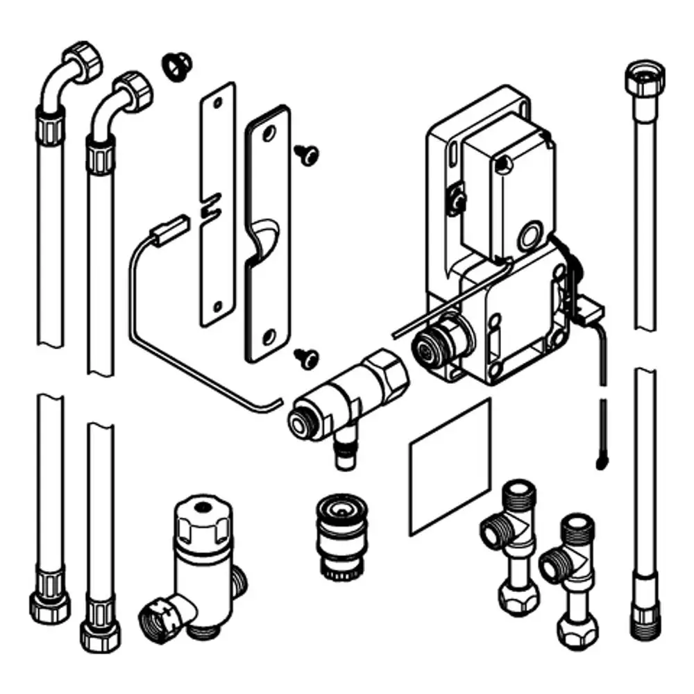 GROHE Umrüstset für die Fuß-Aktivierung bestehend aus verschiedenen Rohrleitungen, Ventilen und einer Steuerungseinheit, dargestellt in einem technischen Schwarz-Weiß-Diagramm.