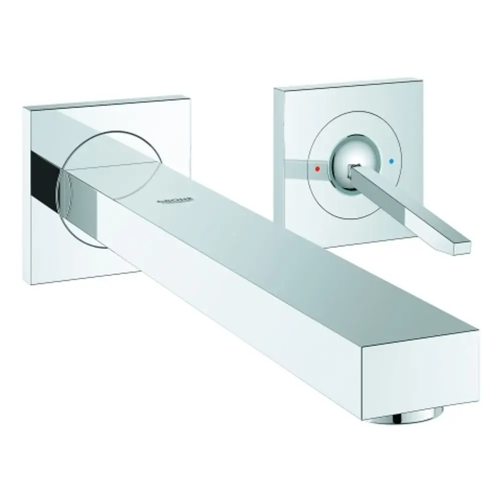 Wandmontierte Grohe-Armatur mit eckigem Design, langer Ausladung und einem Hebel zur Regulierung von Temperatur und Wasserfluss. Gehäuse in glänzendem Chromfinish.
