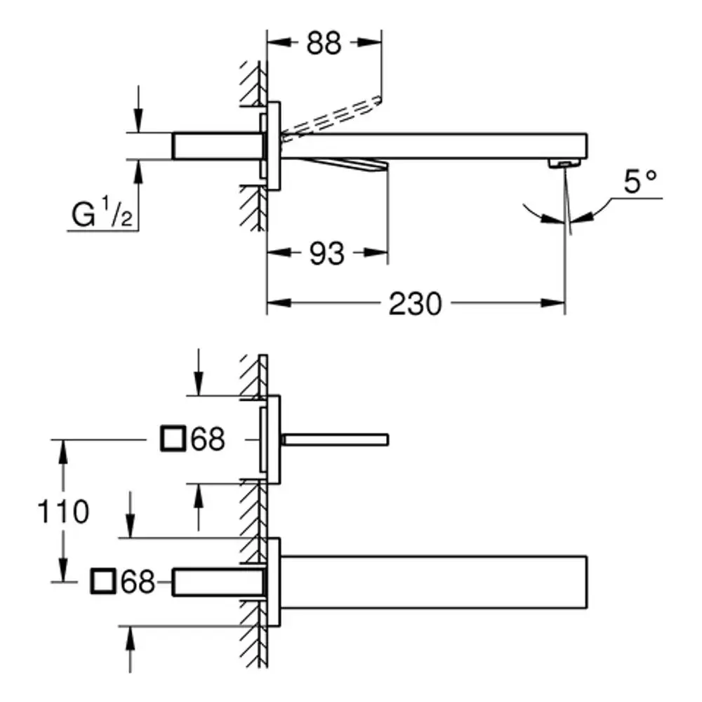 Technische Zeichnung eines Wandbatteries mit chromfarbener Oberfläche, versehen mit Maßen und Detailangaben für die Installation, hergestellt von Grohe.