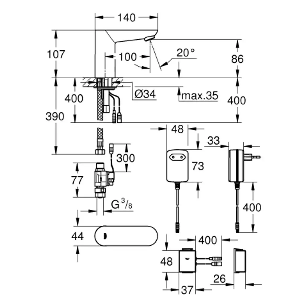 Schematische Darstellung eines Grohe-WT-IR-Elektronikarmatur mit verschiedenen Anschlussmaßen und elektrischen Komponenten, einschließlich Trafo und Sensor.