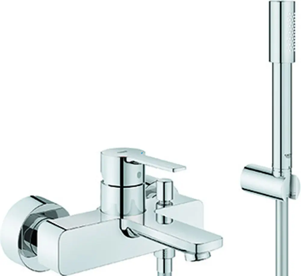 Grohe Wandmontagearmatur mit integrierter Brausegarnitur in Chrom. Die Armatur hat einen klaren, funktionalen Aufbau mit einem Hebelmischer zur Regulierung von Wasserfluss und Temperatur.