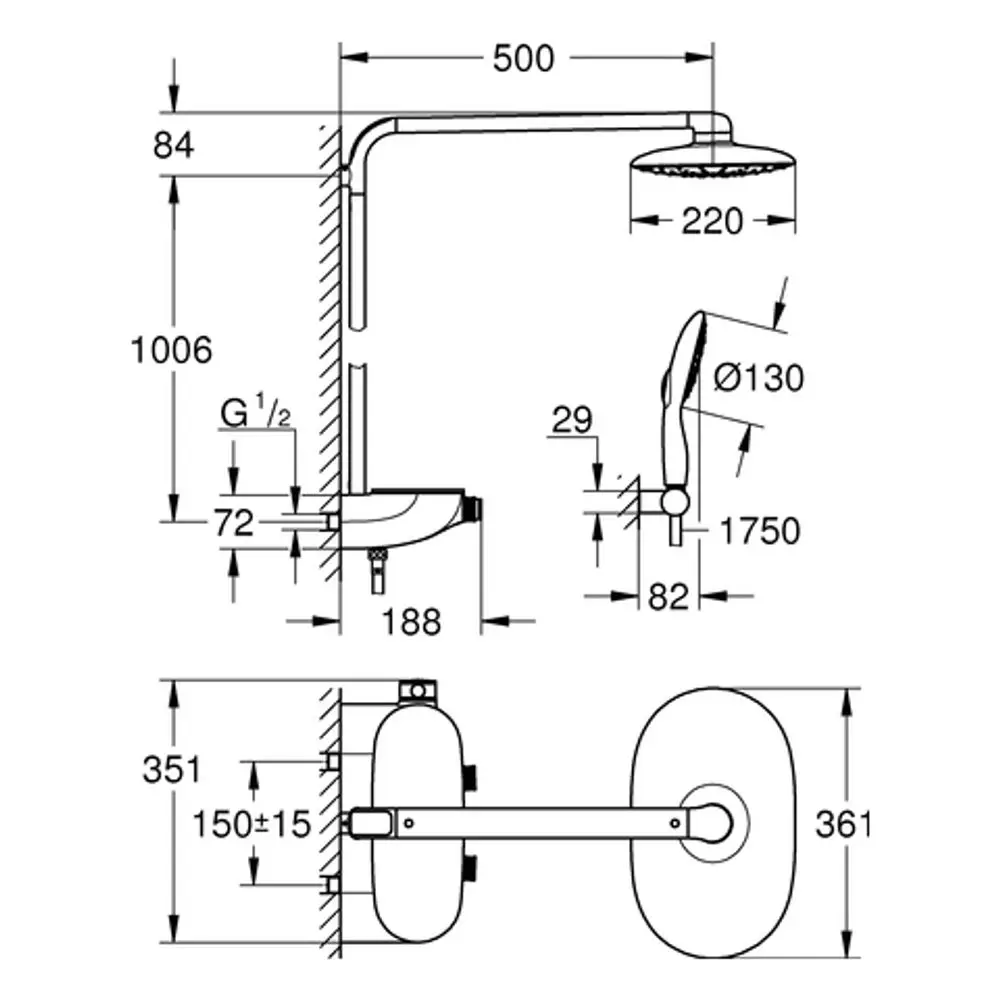 Grohe Duschsystem mit Kopf- und Handbrause in Chrom und Moon White. Technische Zeichnung mit Abmessungen und Installationsdetails.