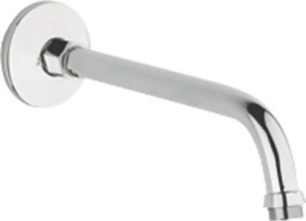Chromfarbener Brausearm von Grohe mit einer gebogenen Form, befestigt an einer Wandplatte. Eignet sich für Duschsysteme.