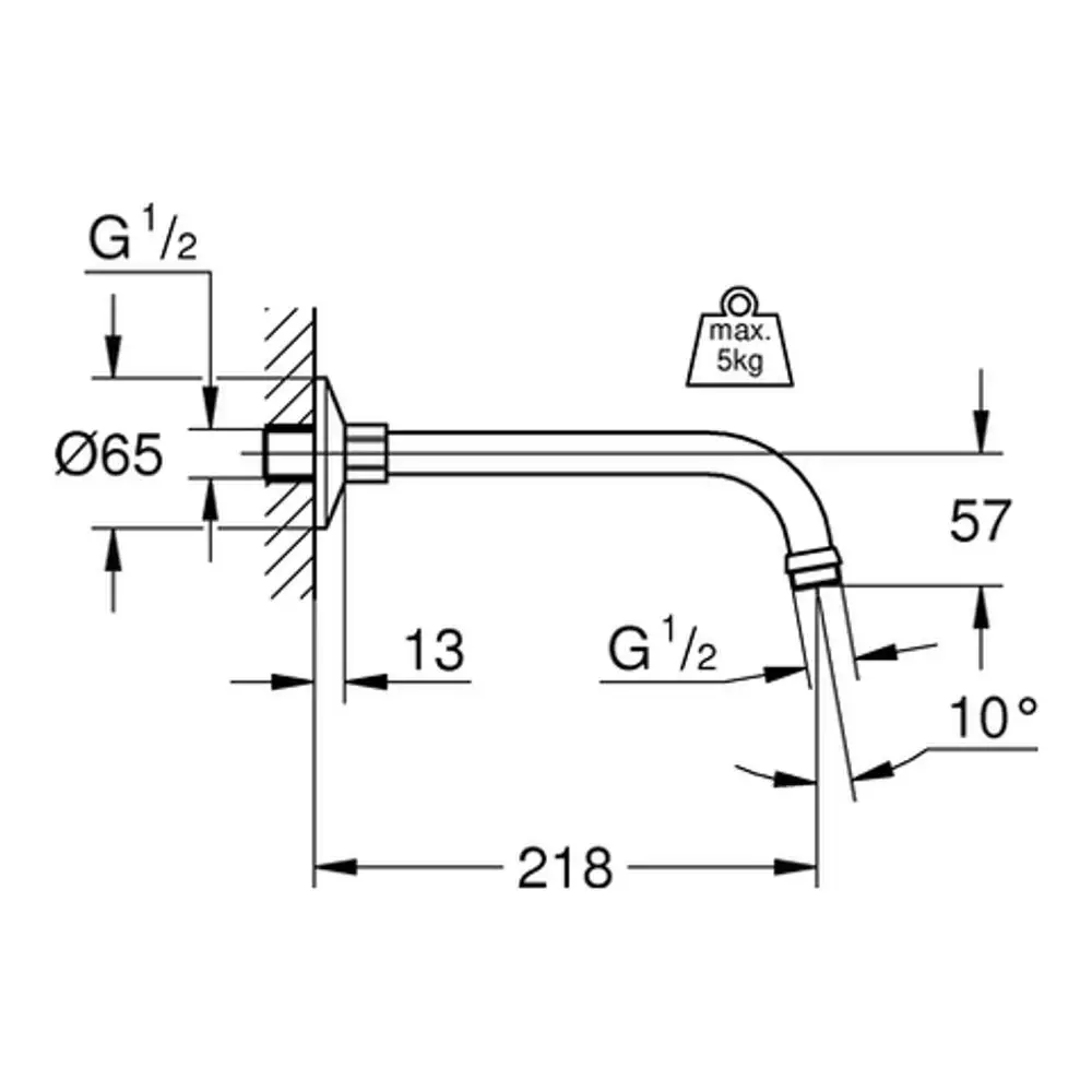 Brausearm von Grohe mit einer Ausladung und verchromter Oberfläche, zeigt Anschlussmaße und Positionierungen auf technischem Diagramm.