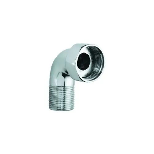 GROHE Anschlusswinkel in chrom, gebogene Form mit einem gewindedend Abschnitt. Eine Öffnung für Schraubverbindungen ist deutlich erkennbar.