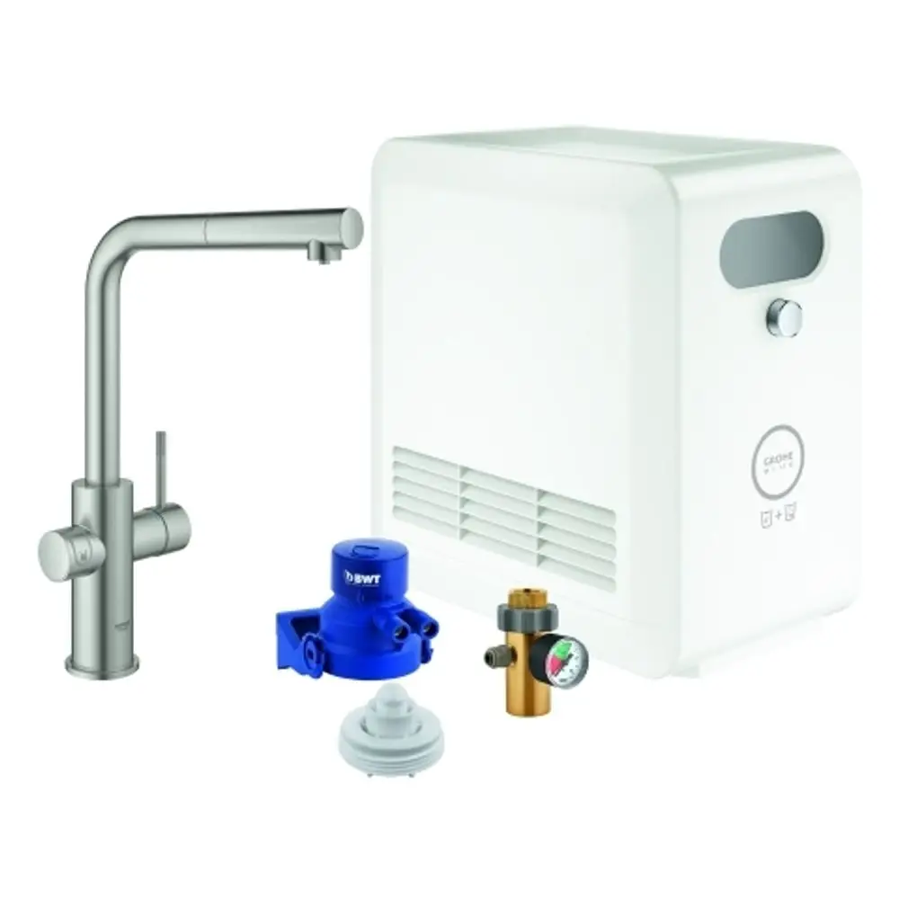 Kompakte Einheit von Grohe zur Wasseraufbereitung, bestehend aus einem weißen Gehäuse, einem Wasserhahn, einer Pumpe und zusätzlichen Montageelementen.