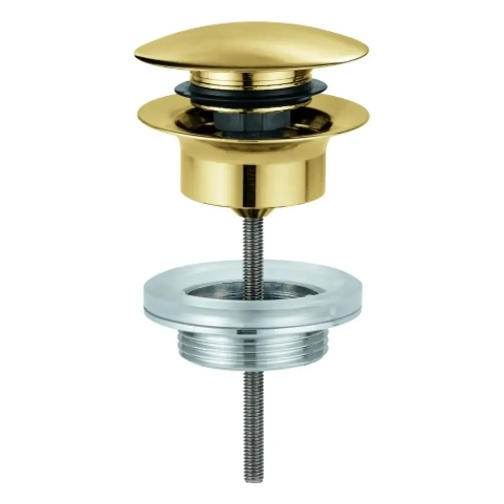 Grohe Ablaufgarnitur in gebürstetem Goldfinish, bestehend aus einem oberen Teil mit Druckmechanismus und einem unteren Anschluss mit Gewinde.